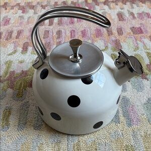 Kate Spade All In Good Taste Ivory + Black Deco Dot Polka Dot Tea Kettle EUC